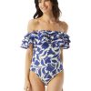 Clothing Kate Spade New York | Kate Spade New York Swimwear Zigzag Floral Ruffle Off-The-Shoulder One-Piece Blue Berry