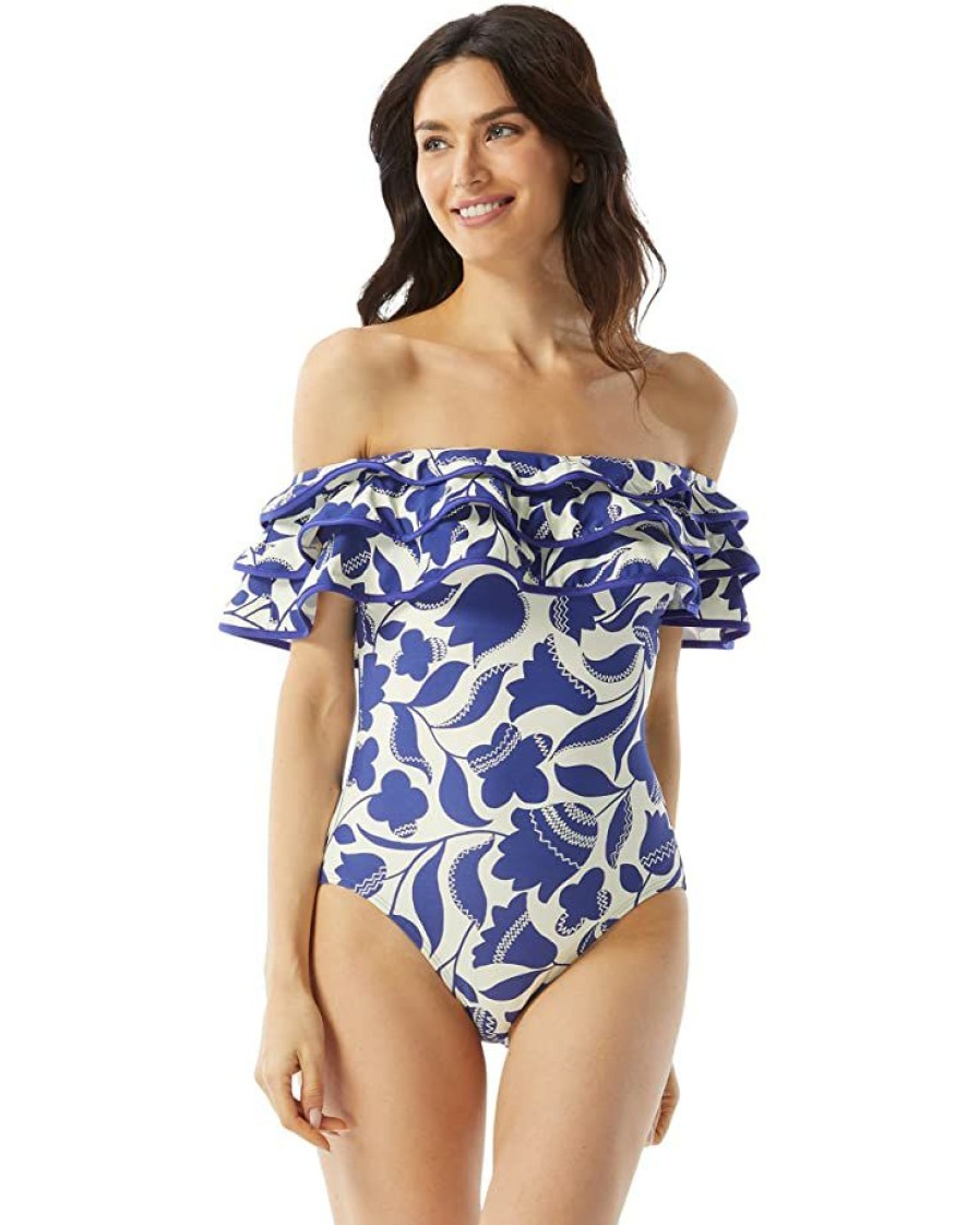 Clothing Kate Spade New York | Kate Spade New York Swimwear Zigzag Floral Ruffle Off-The-Shoulder One-Piece Blue Berry