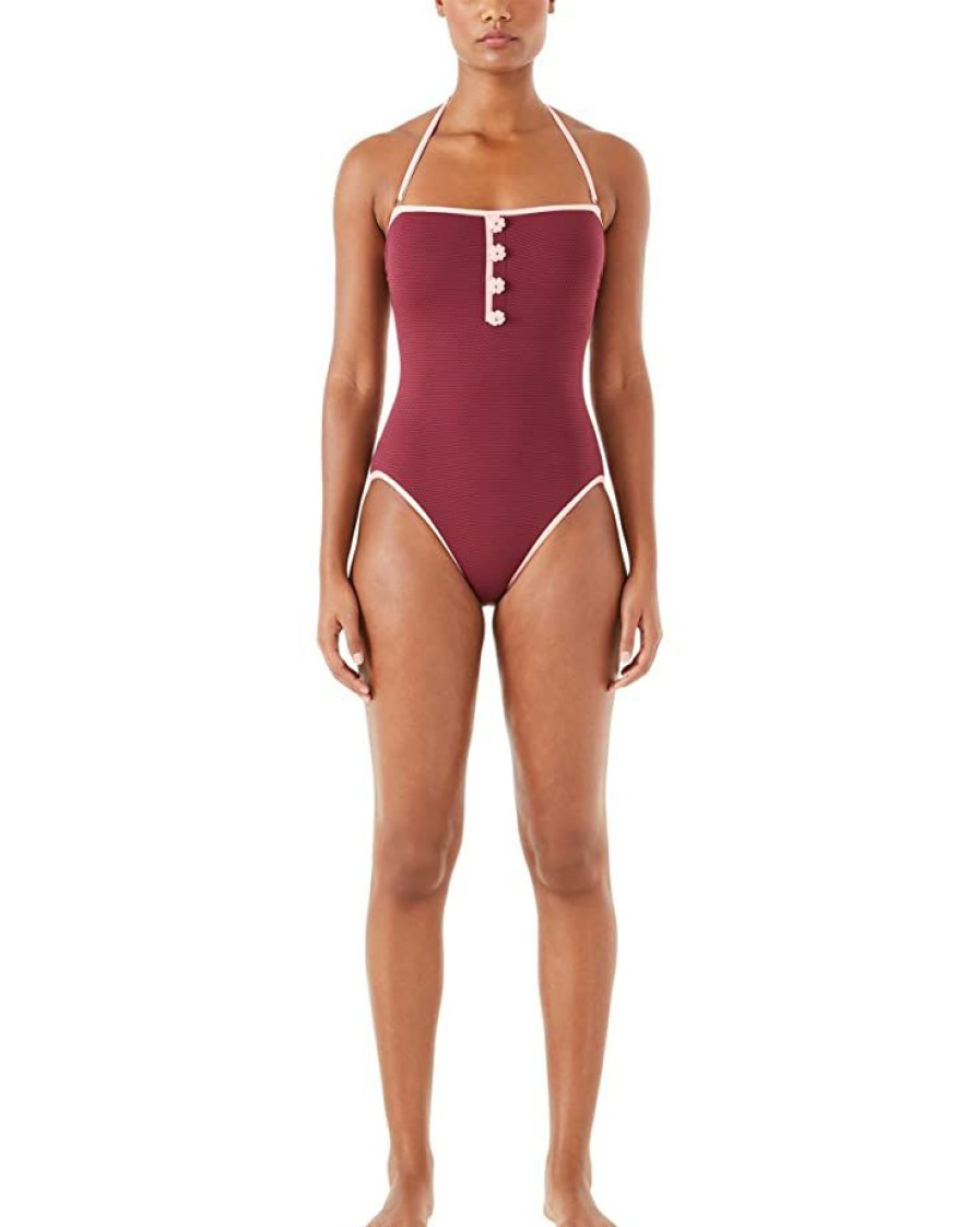 Clothing Kate Spade New York | Kate Spade New York Swimwear Pique Texture Contrast Classic Bandeau One-Piece Deep Plum