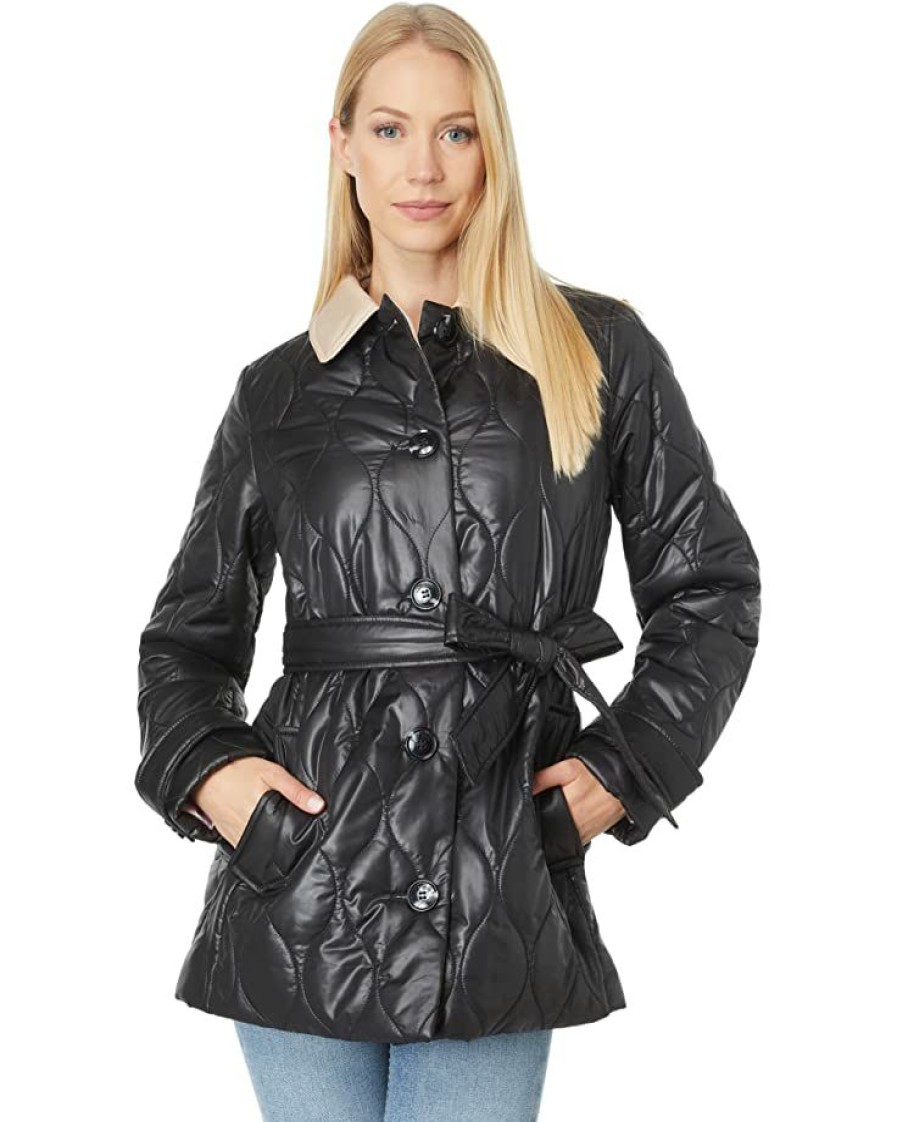 Clothing Kate Spade New York | Kate Spade New York Coats & Outerwear Single Breasted Belted Quilt With Contrast Collar Black