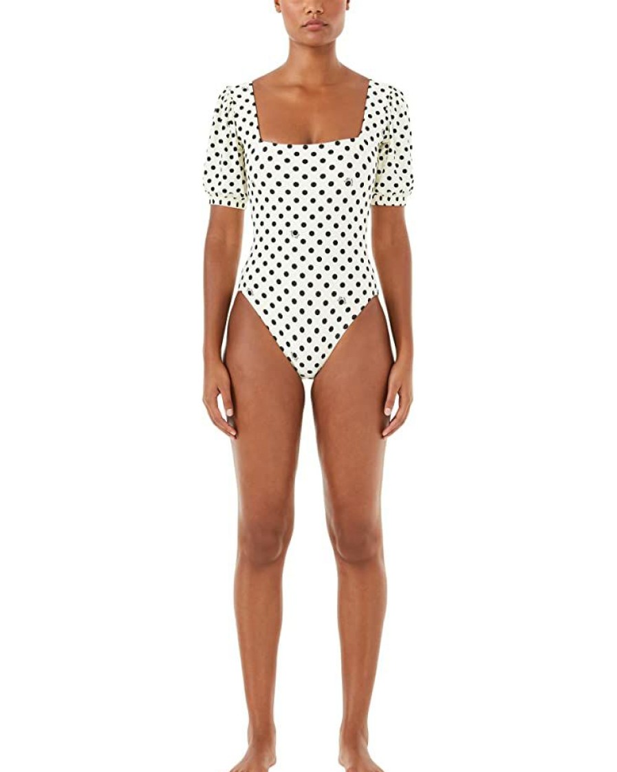 Clothing Kate Spade New York | Kate Spade New York Swimwear Lia Logo Dot Puff Sleeve One-Piece Ivory