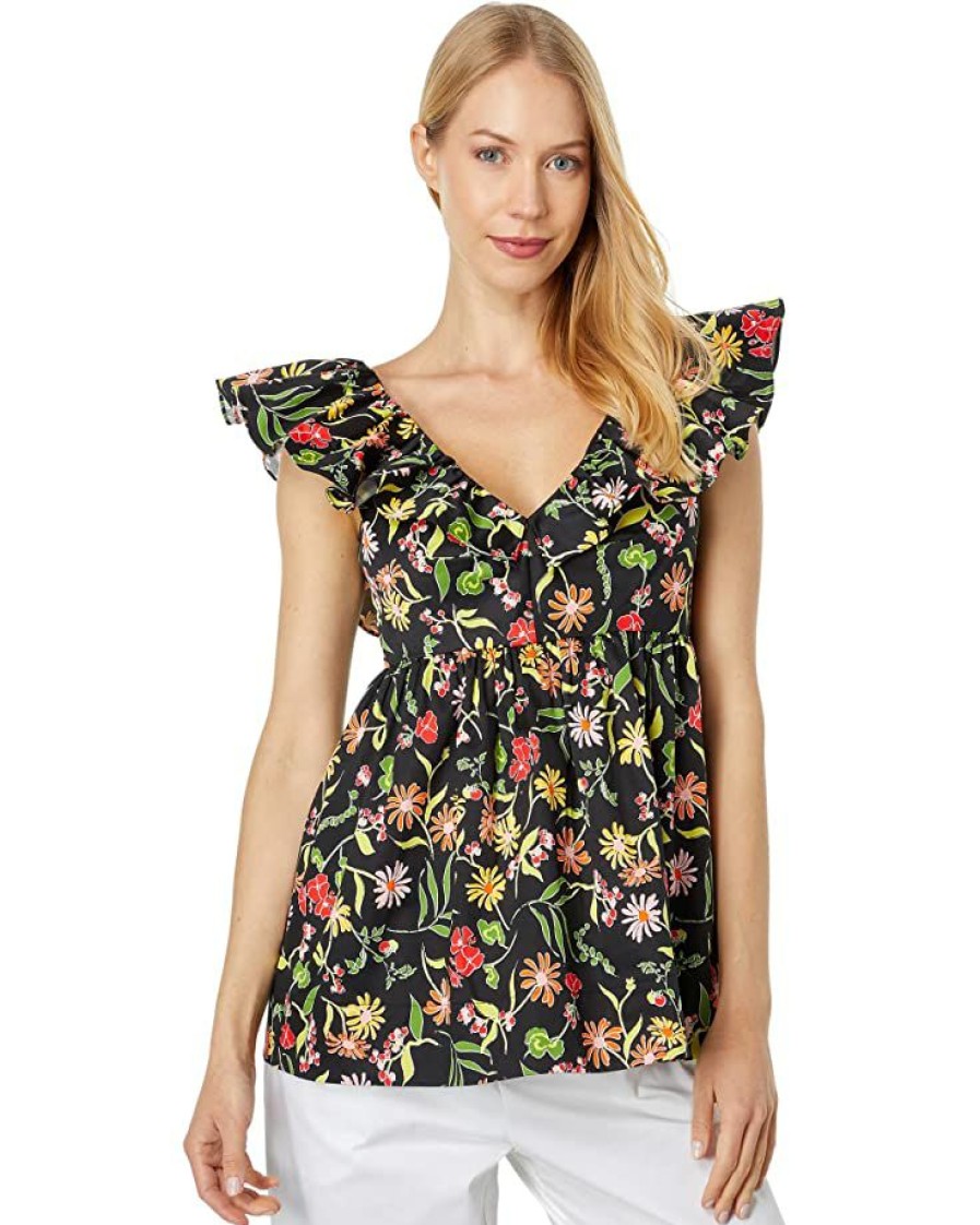 Clothing Kate Spade New York | Kate Spade New York Shirts & Tops Rooftop Garden Floral Ruffle Top Black Multi