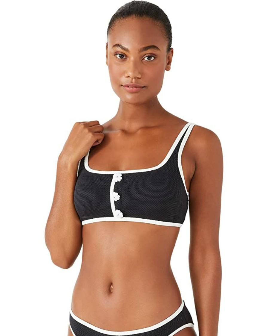 Clothing Kate Spade New York | Kate Spade New York Swimwear Pique Texture Contrast Square Neck Bralette Top Black