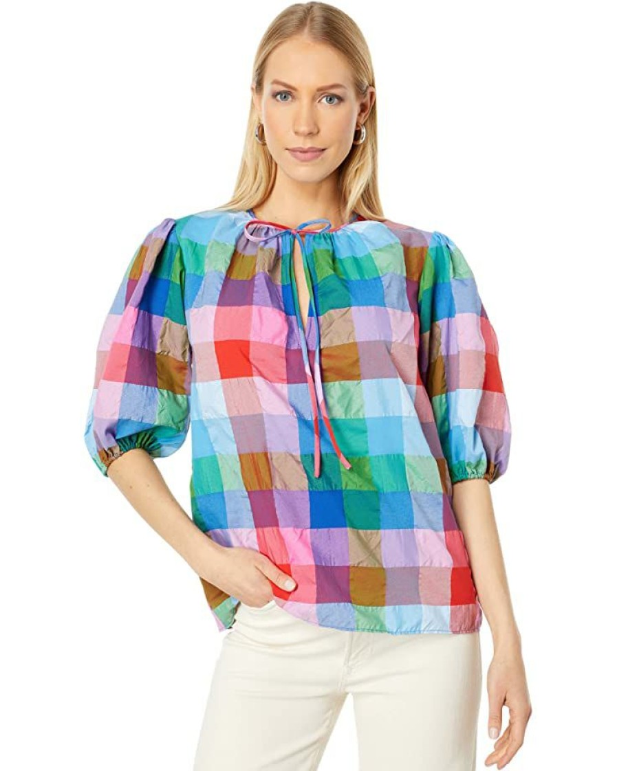 Clothing Kate Spade New York | Kate Spade New York Shirts & Tops Madras Tie Neck Top Blue Multi