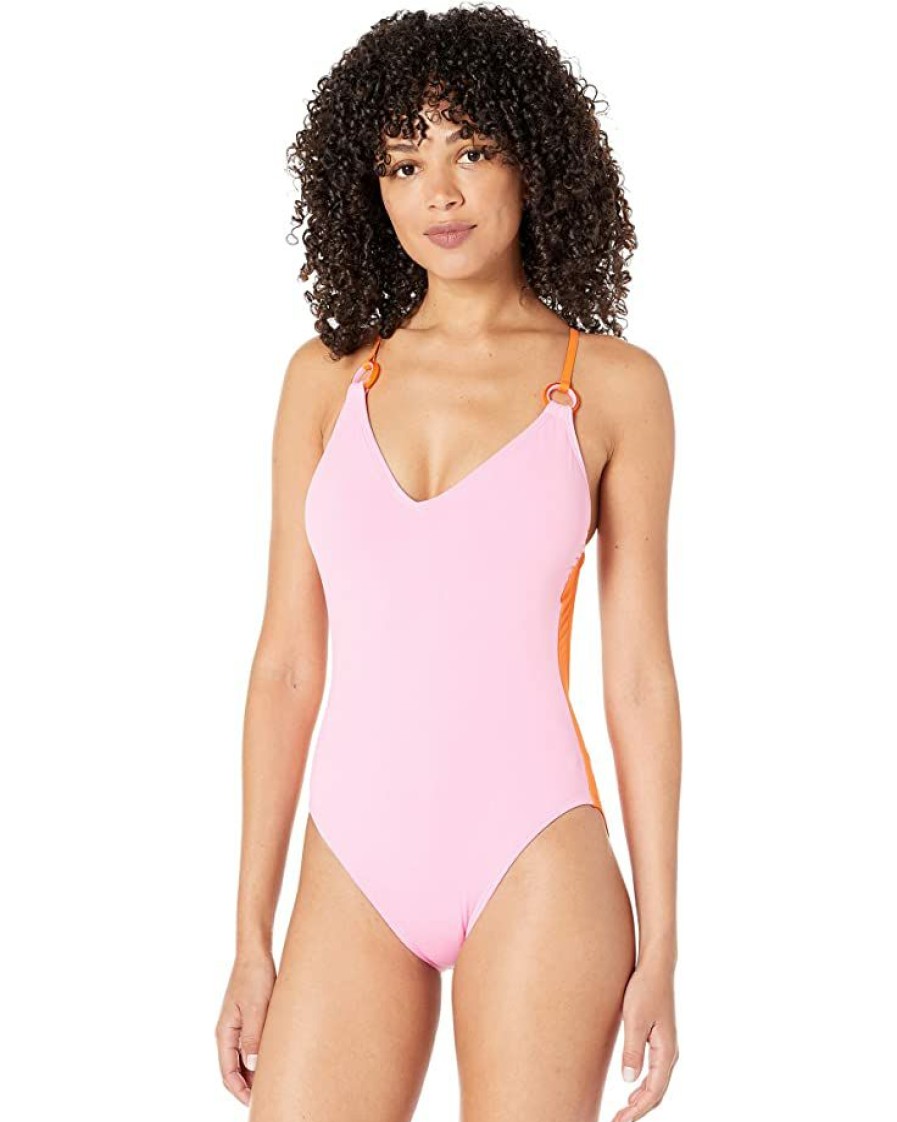 Clothing Kate Spade New York | Kate Spade New York Swimwear Color-Block Plunging V-Neck One-Piece Surf Pink