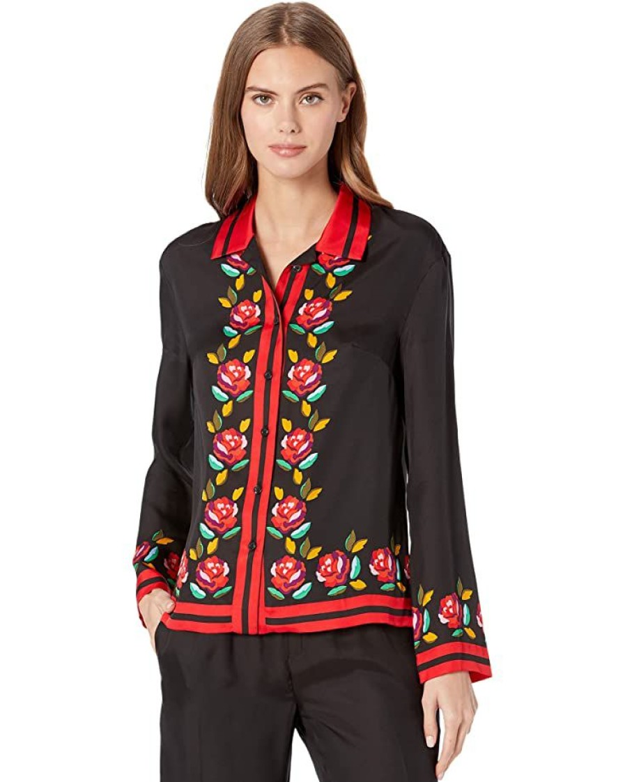 Clothing Kate Spade New York | Kate Spade New York Shirts & Tops Rose Border Silk Twill Shirt Black