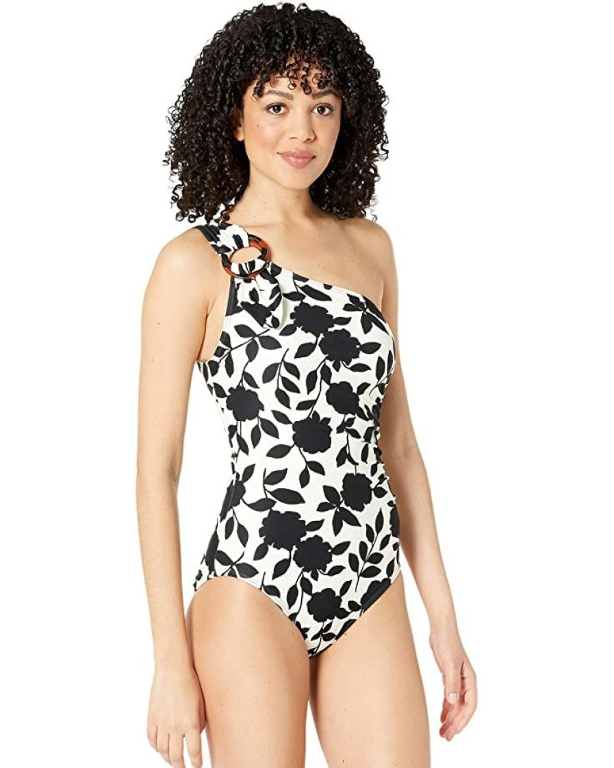 Clothing Kate Spade New York | Kate Spade New York Swimwear Geranium Grove Buckle One Shoulder One-Piece Black