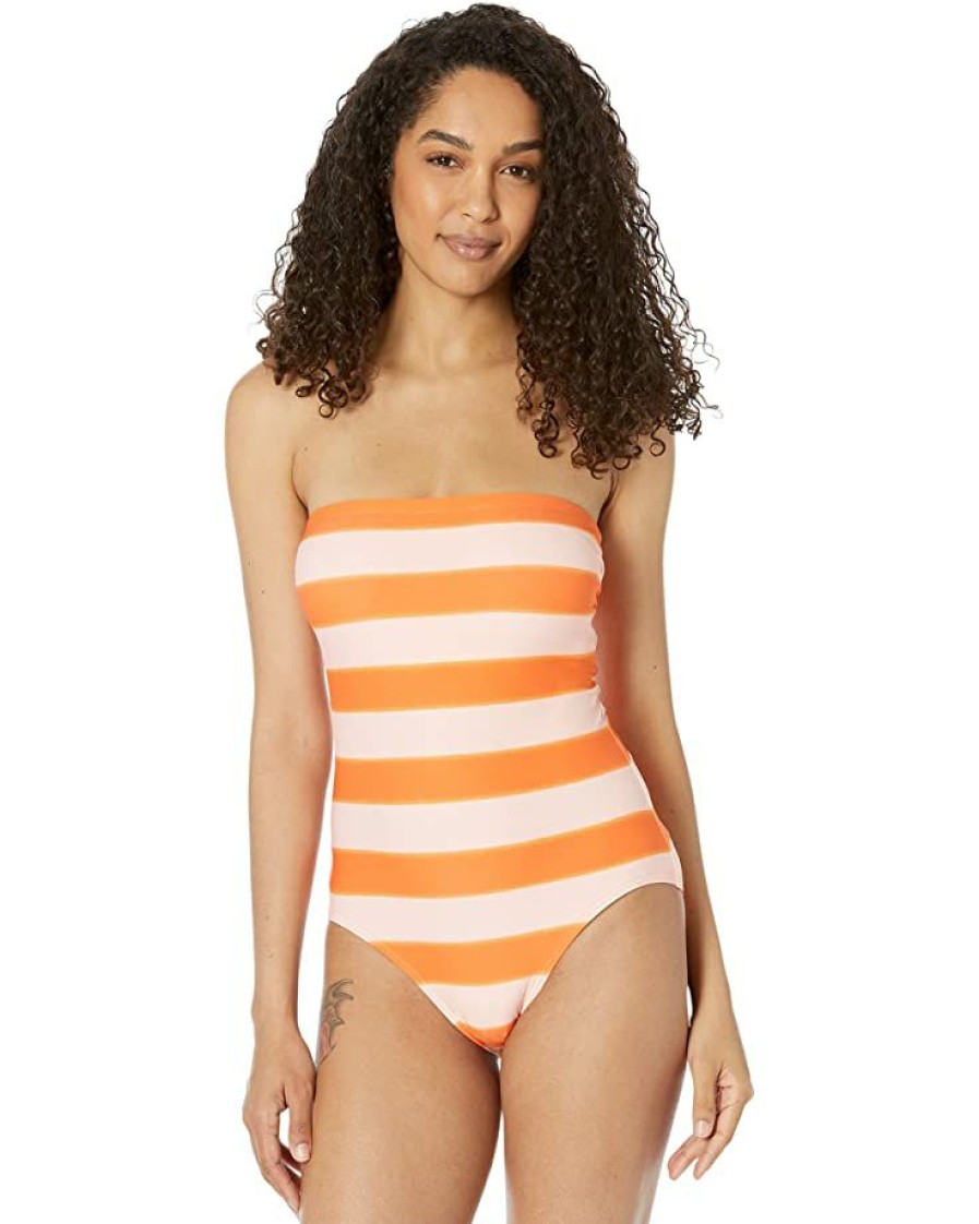 Clothing Kate Spade New York | Kate Spade New York Swimwear Awning Stripe Classic Bandeau One-Piece Orange Soda