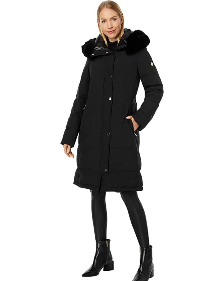 Clothing Kate Spade New York | Kate Spade New York Coats & Outerwear Hooded Heavyweight Down In Stretch Fabric With Faux Fur Trim