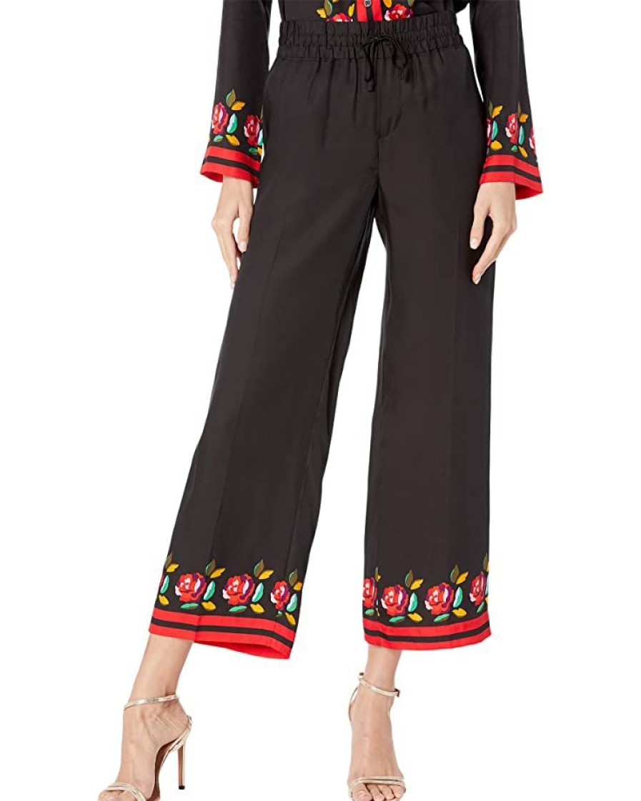 Clothing Kate Spade New York | Kate Spade New York Rose Border Silk Twill Pants Black