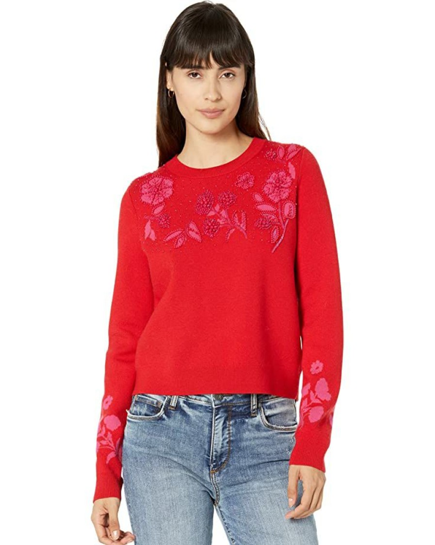 Clothing Kate Spade New York | Kate Spade New York Sweaters Embellished Floral Sweater Engine Red