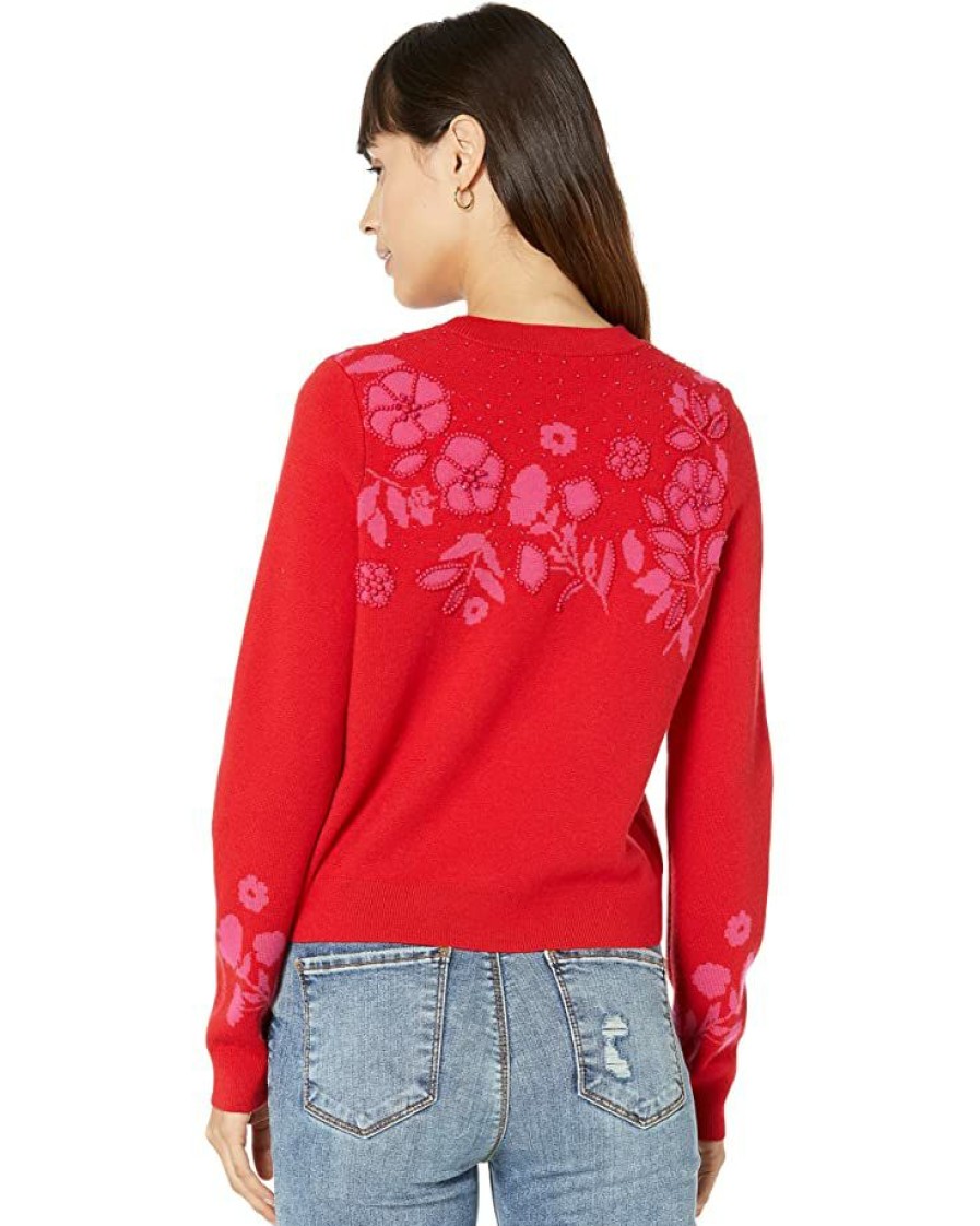 Clothing Kate Spade New York | Kate Spade New York Sweaters Embellished Floral Sweater Engine Red